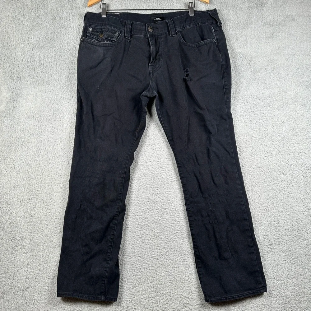 True Religion Ricky Relaxed Straight Jeans Mens‎ 34 (fit 38x30) Black Distressed